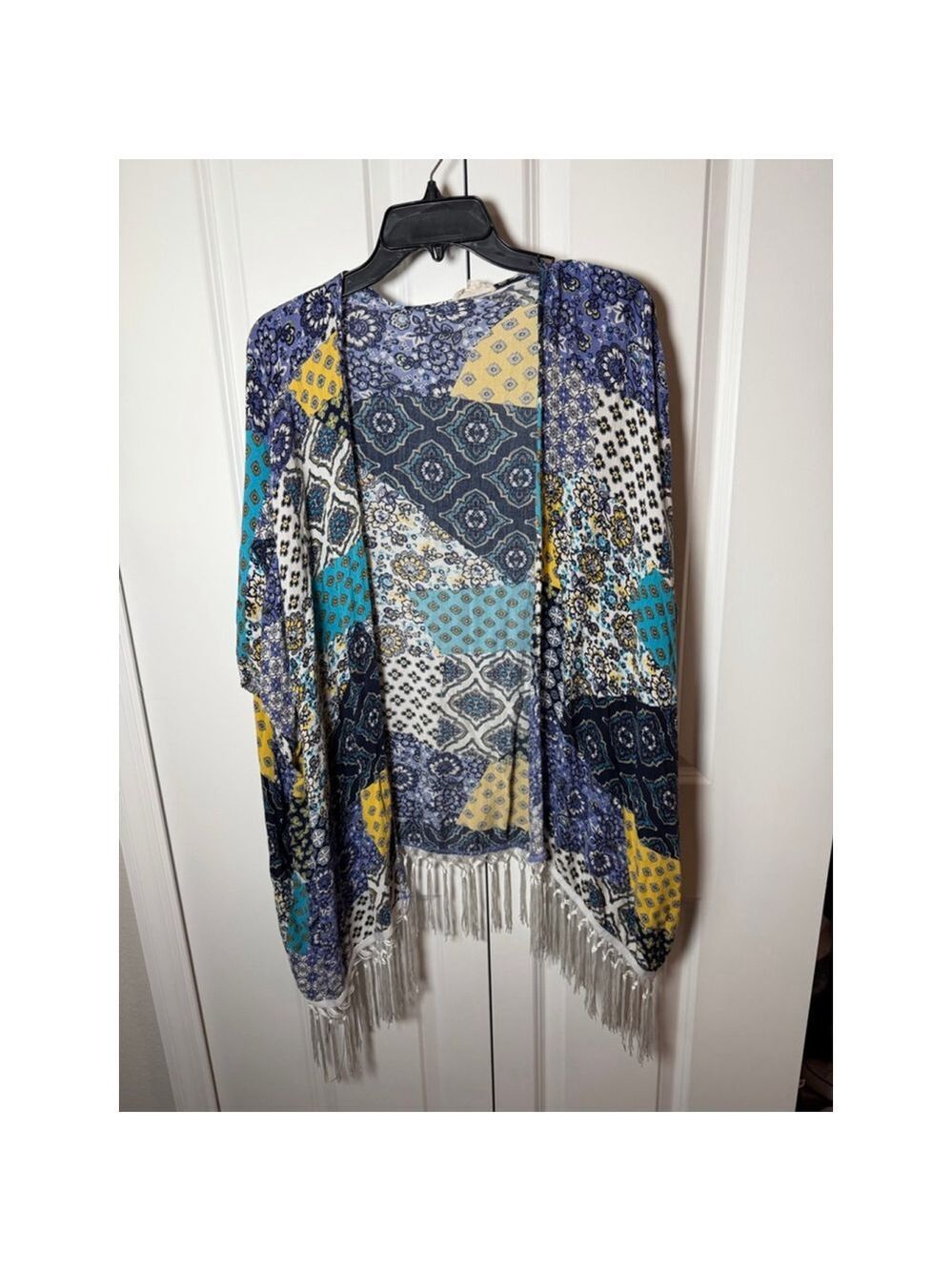 Crescent Blue Yellow Patchwork Fringe Kimono M or Swim Cover Up